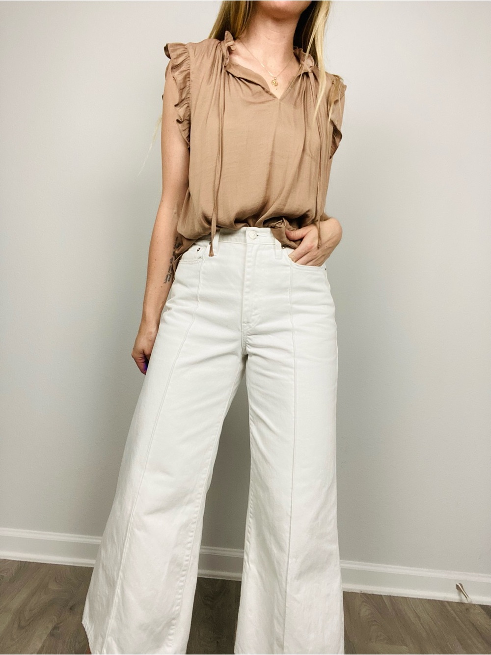 Cupcakes and Cashmere Taupe Silky Sheen Ruffle Flutter Sleeve Tie Neck Blouse